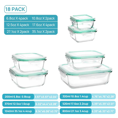18-Pack Glass Food Storage Containers with Airtight Lids – Stackable Meal Prep Set, Microwave/Oven/Freezer Safe, Leakproof Kitchen Storage for Lunch & Food Organization